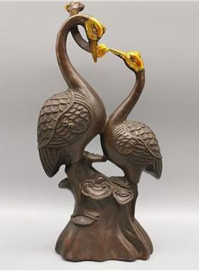 古玩铜器收藏纯铜仙鹤摆件铜如意百年好合如意吉祥家居饰品摆饰