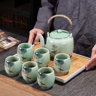提梁壶家用中式 青瓷茶具套装 整套陶瓷大号茶壶简约现代喝茶杯茶盘