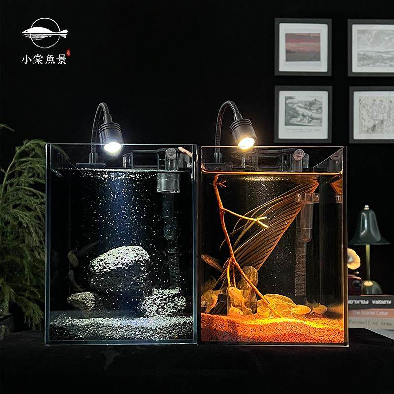 暗黑风鱼缸高级小型两个南美免换水超白玻璃黑背桌面斗鱼生态缸