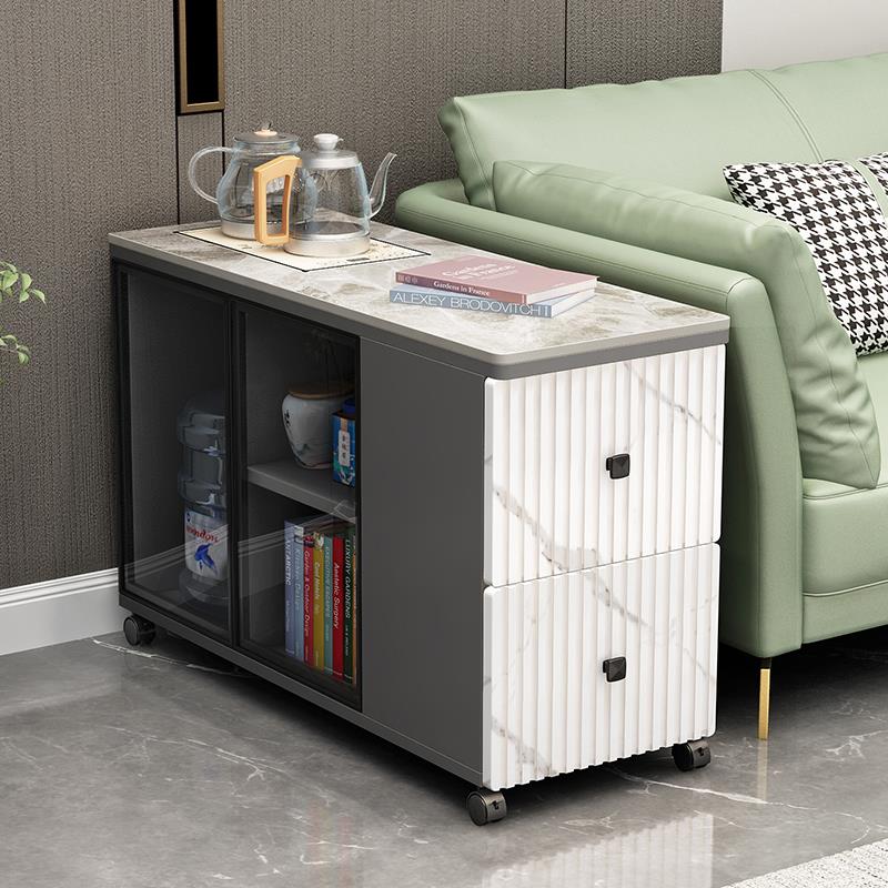 轻奢岩板边几内嵌烧水壶家用可移动茶台沙发边桌多功能储物缝隙柜