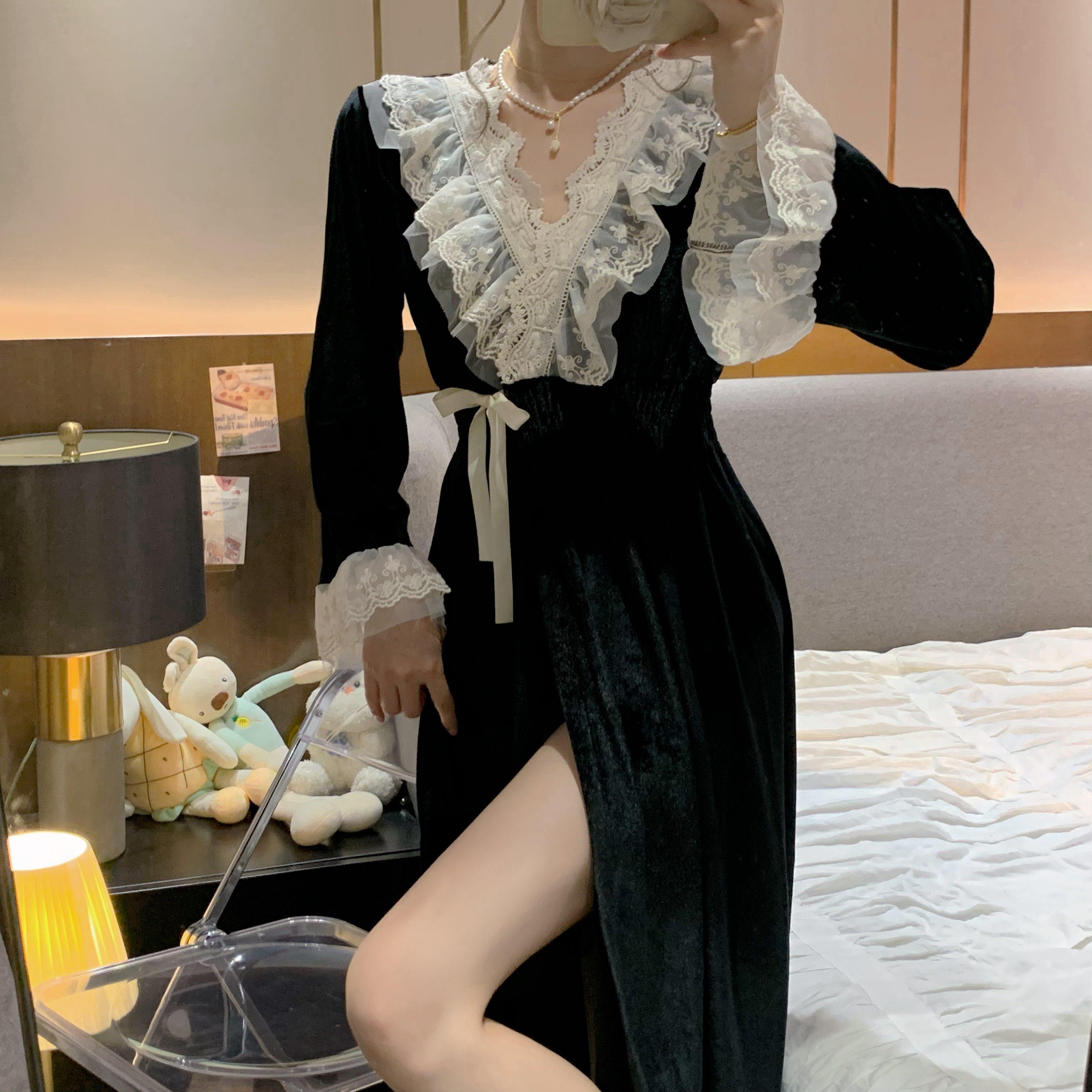 春秋季大码女装胖mm金丝绒睡衣套装法式宫廷公主风长款睡裙家居服
