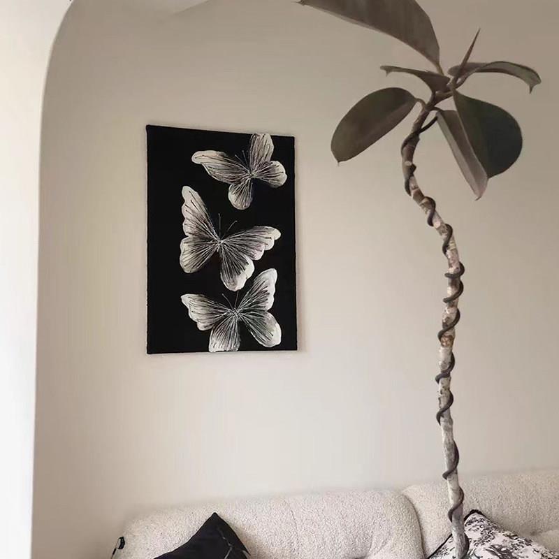 欧式简约抽象挂画黑白客厅蝴蝶装饰画高级感玄关竖版肌理装饰壁画