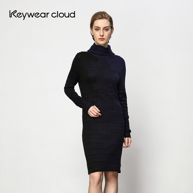 Keywearcloud奇威春秋长袖修身针织女士弹力时尚及膝连衣裙