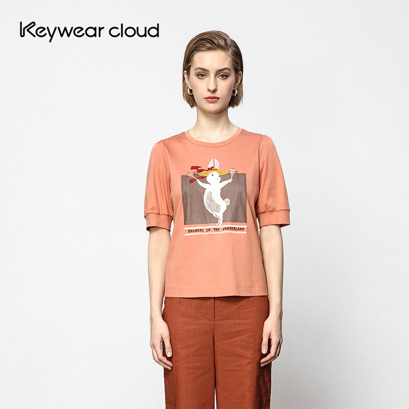 Keywearcloud奇威女装浅橘色圆领卡通印花休闲短