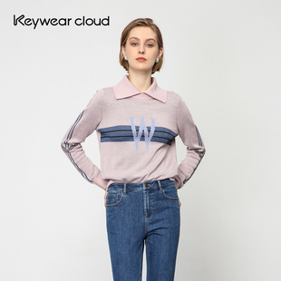Keywearcloud奇威秋季打底polo领拼色上衣字母提花毛衣针织衫女款