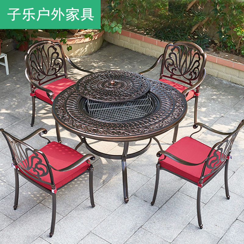 户外庭院烧烤桌椅两用烧烤炉家用木炭烧烤台花园休闲铸铝室外