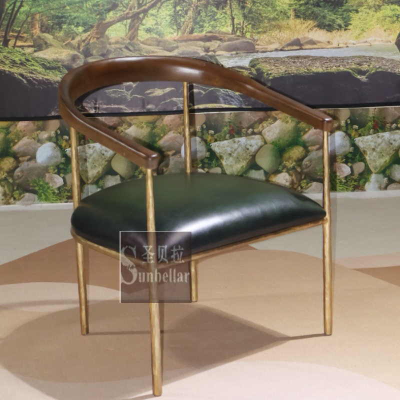 中古新款头层牛皮餐椅实木靠背椅子锻打实心铁艺圈椅客厅卧室餐厅