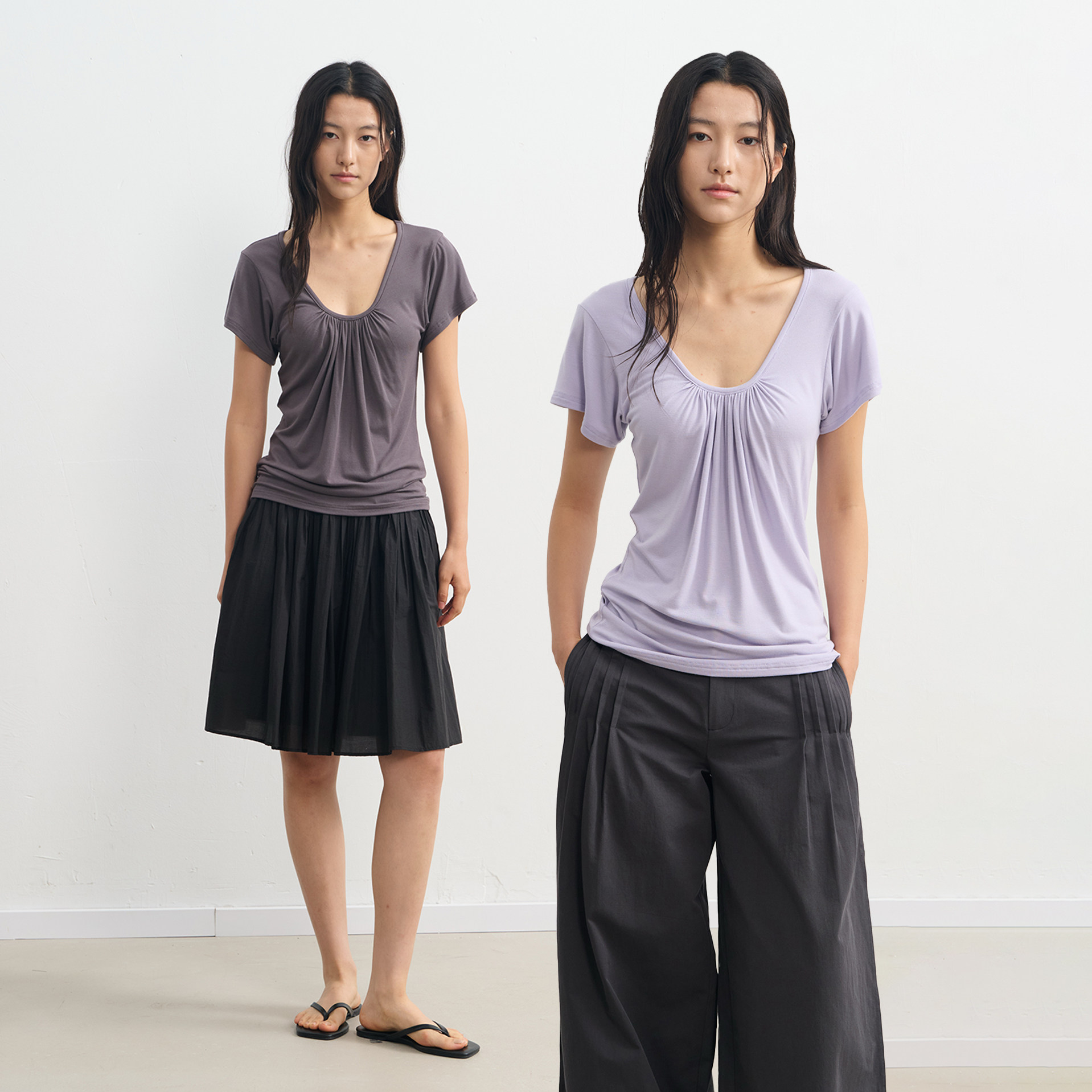 LINY LIBERTY 26SS 褶皱设计桑蚕丝混纺大U领宽松T恤女夏短袖上衣