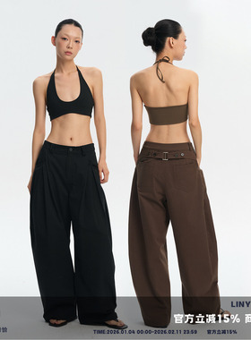 LINY LIBERTY 100%棉设计感立体镰刀宽松阔腿裤女休闲直筒长裤