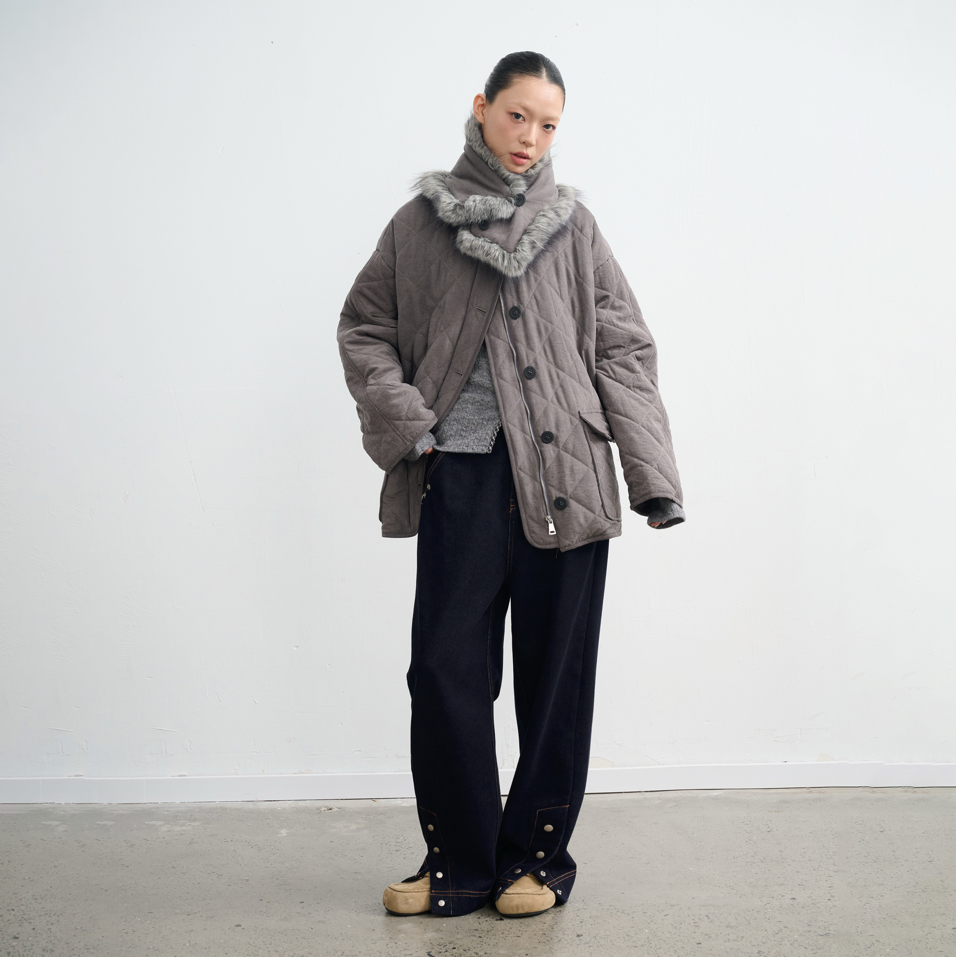 复古设计感菱格棉服女外套