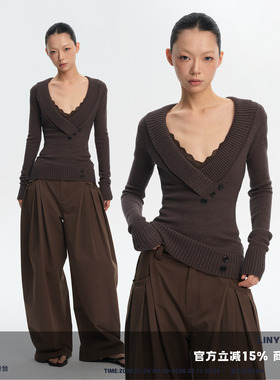 LINY LIBERTY 26SS设计感修身V领交叠门襟针织毛衣女收腰打底上衣