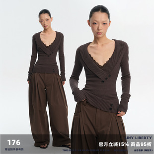 LINY LIBERTY 复古设计感修身V领交叠门襟针织毛衣女收腰打底上衣