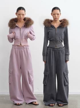 LINY LIBERTY 25AW  设计感可拆卸毛领短款卫衣女休闲卫裤套装