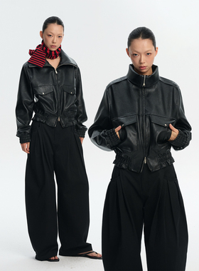 LINY LIBERTY 26AW 复古风立领短款黑色PU皮衣女宽松夹克外套上衣