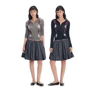 LINY LIBERTY 26AW 复古菱形格连帽针织开衫外套女短款修身毛衣