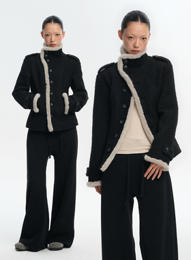 LINY LIBERTY 25AW 设计感撞色毛条拼接立领毛呢外套女冬加厚上衣