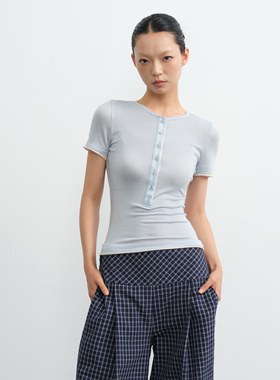 LINY LIBERTY 25SS 70天丝莱赛尔复古天蓝色针织亨利衫女短袖T恤
