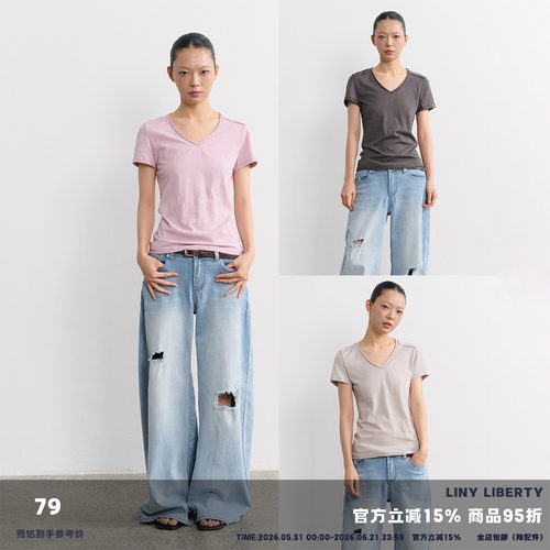 极简风V领纯色短袖T恤女夏