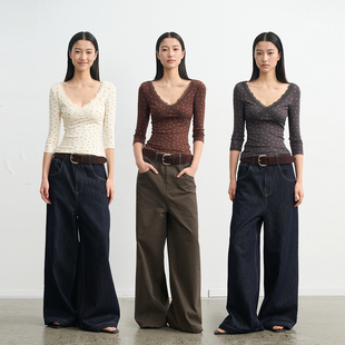 上衣女修身 LINY 复古风碎花蕾丝拼接七分袖 26SS 弹力T恤 LIBERTY