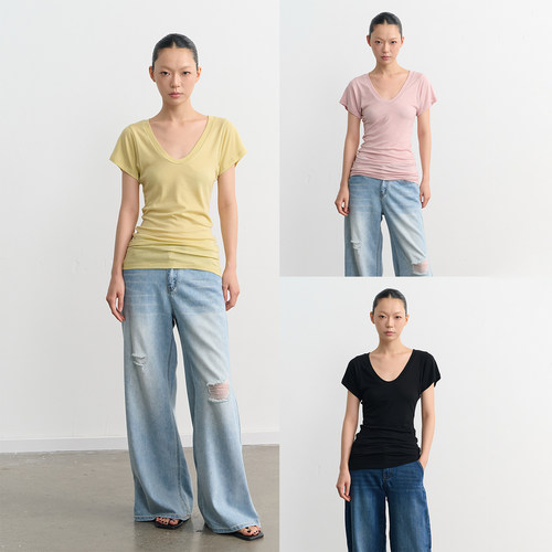 LINY LIBERTY 26SS 70天丝莱赛尔慵懒风U领短袖T恤女夏修身上衣