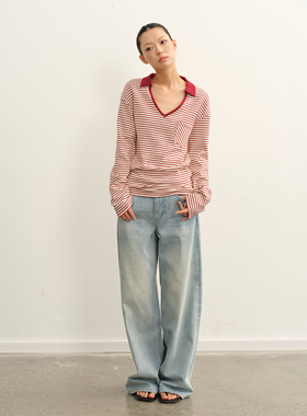 LINY LIBERTY 25AW 复古设计感宽松V领撞色条纹T恤女秋季长袖上衣