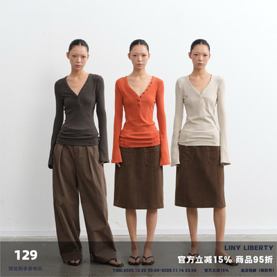 复古风经典V领亨利衫女修身上衣