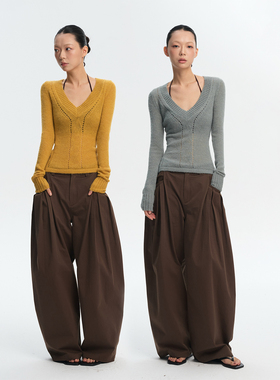 LINY LIBERTY 26SS 修身V领镂空羊毛混纺针织上衣女长袖打底T恤