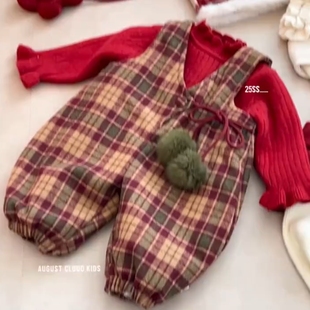 韩国童装2025秋冬新款圣诞格子毛呢背带连身裤女童红色花边打底衫