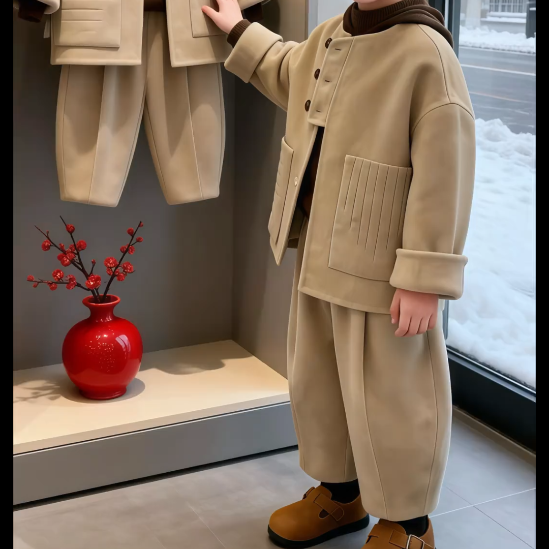 韩版童装男女童秋冬季新款时尚洋气纯色毛呢外套休闲宽松裤子套装