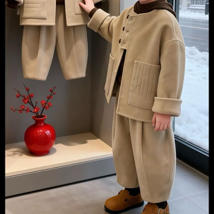韩版童装男女童秋冬季新款时尚洋气纯色毛呢外套休闲宽松裤子套装