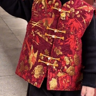 拜年服马甲红色夹棉背心冬装儿童新中式宝宝周岁礼服男童汉服唐装