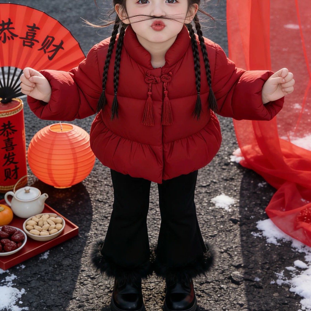 女童冬装棉服外套红色新款儿童洋气加厚棉袄冬季时尚立领棉衣冬款