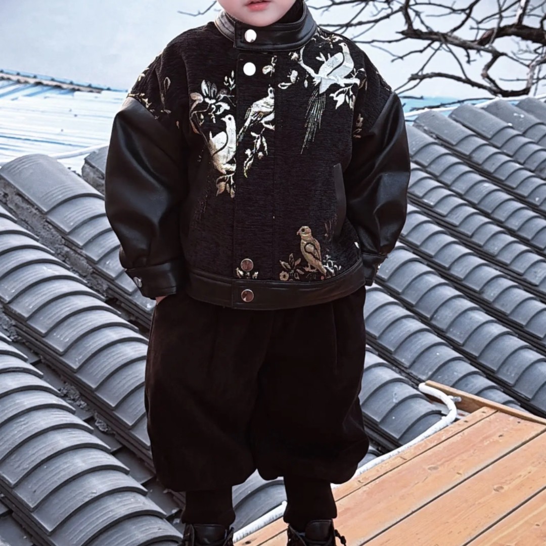 男童皮衣外套2026新款中国风拼接喜鹊提花国潮上衣儿童皮夹克