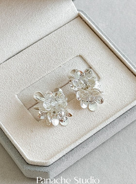 PANACHE 银色锆石金属花朵短流苏耳环 小众简约气质高级感耳饰女
