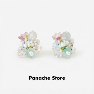 PANACHE 春夏奶油色手工串珠花簇耳环 小众清新花朵手工编织耳钉
