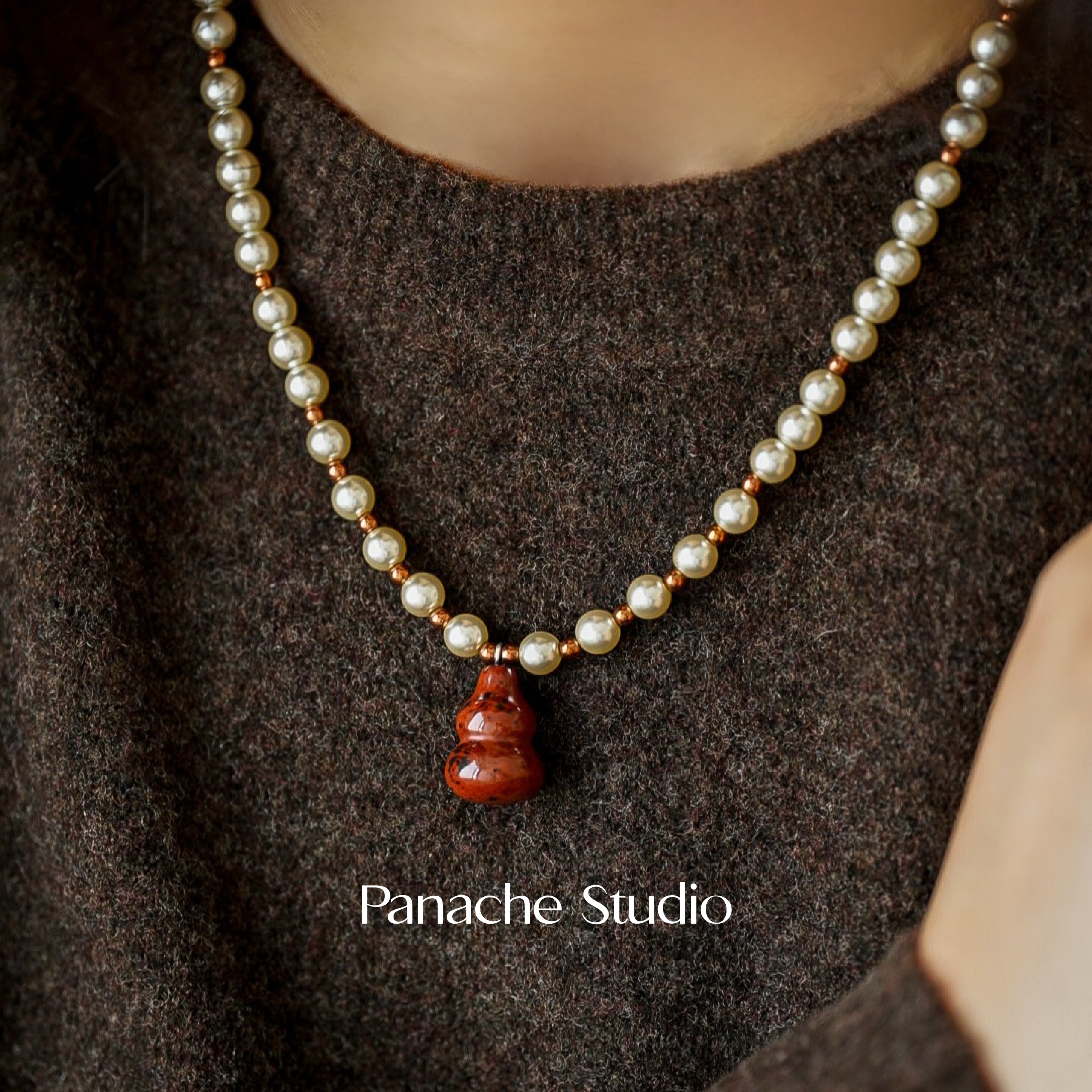 PANACHE 红色天然石葫芦形施家珍珠项链中国风秋冬百搭高级锁骨链