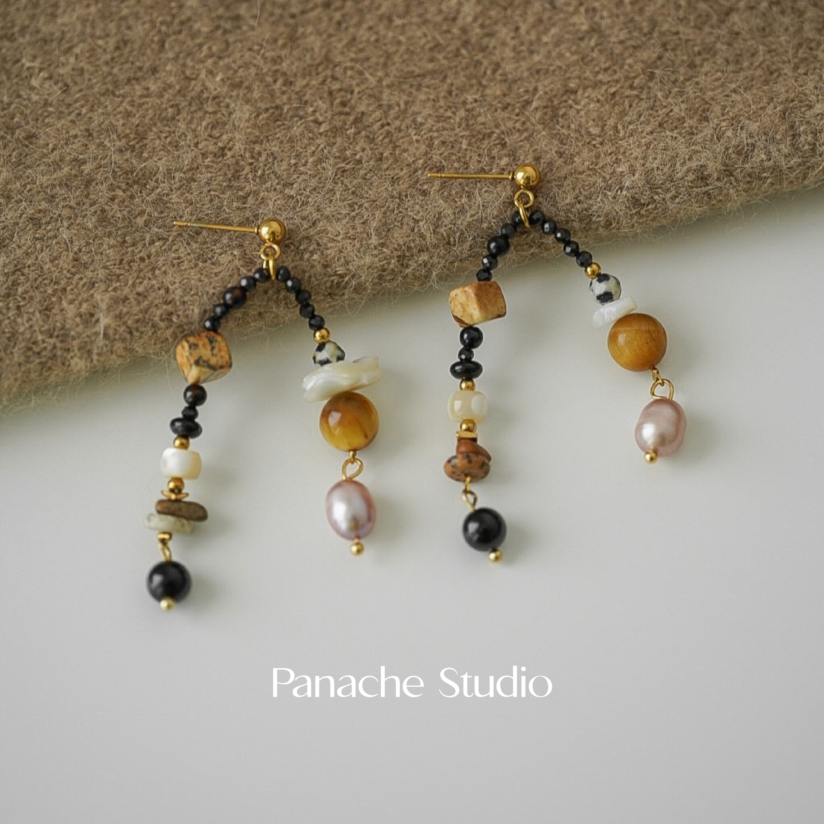 PANACHE 复古天然石淡水珍珠耳环 小众手作串珠新中式Vintage耳钉