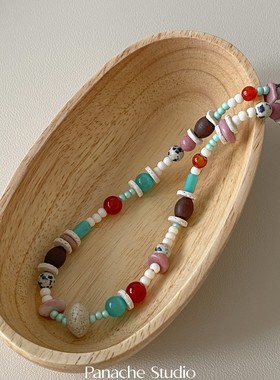 PANACHE 春夏彩色复古天然石串珠项链 手作米珠琉璃锁骨链颈链女