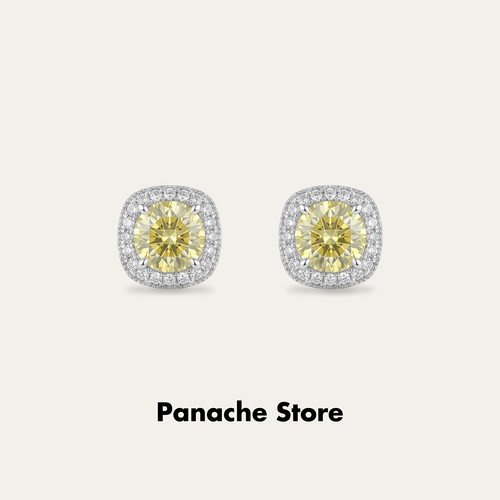 PANACHE 精致爆闪黄色小方糖耳钉 银针满钻锆石超闪简约百搭耳饰