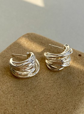 PANACHE 银色不规则绕线C形耳环 小众设计肌理高级感冷淡风耳饰女