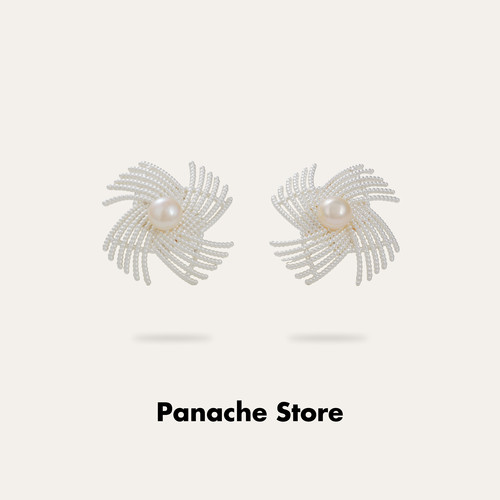 PANACHE 风絮藏 哑光银色线条珍珠耳环 小众设计高级感气质耳钉女