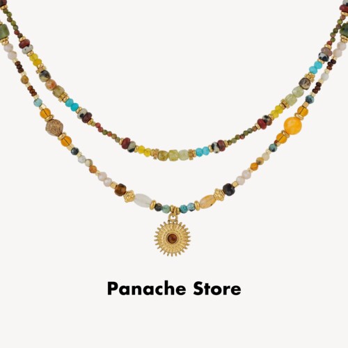PANACHE 复古天然石太阳吊坠项链 美拉德新中式百搭小众叠戴项链