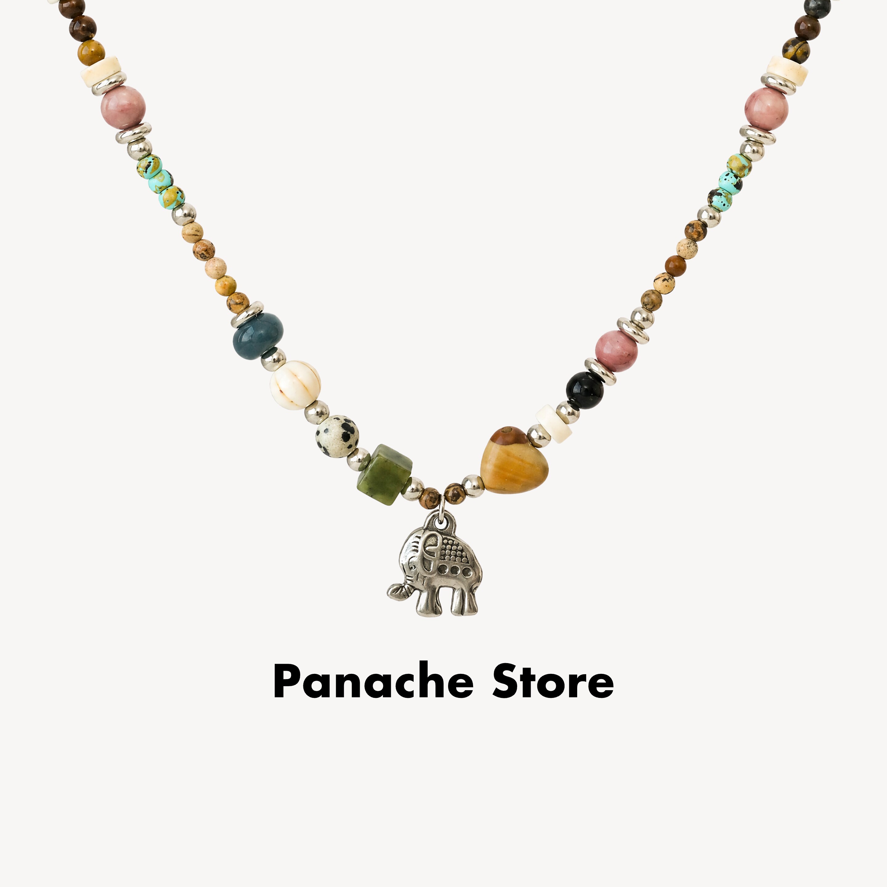 PANACHE 彩色天然石复古小象吊坠项链 小众串珠设计高级感锁骨链