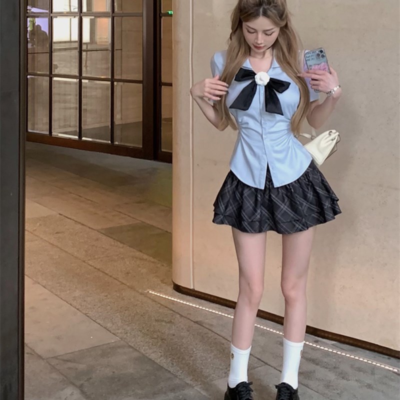 胖mm学院风jk制服套装蓝色短款衬衫上衣女夏季大尺码格子半身裙套