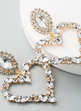 亚马逊跨境爆款爱心形合金镶水钻红色耳环夸张耳饰女欧美满钻耳坠