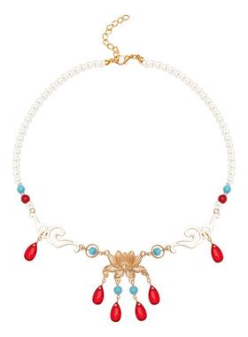 古风项链女红色琉璃水滴吊坠汉服璎珞坦领唐风复古宫廷软璎珞配饰