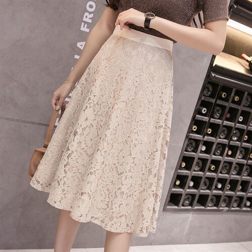 好货Korean Elegant Lace Skirt High Waist Knee Length A-Line