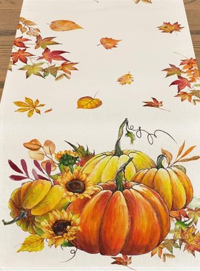 Autumn Thanksgiving Table Runner Linen Buffalo Plaid Pumpk M