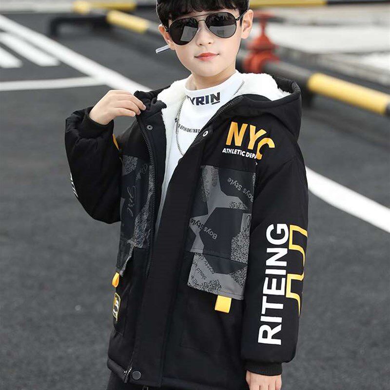 极速儿童装男童加绒外套2022新款中大童中长款加厚棉衣男孩秋冬派