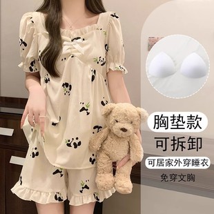 家居服两件套装 带胸垫睡衣女短袖 短裤 夏天薄款 小香风卡通宽松大码